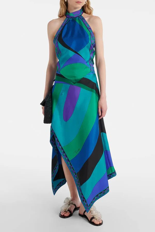 Gabbie Satin Unique Print Halter Scarf Tank and Asymmetrical Maxi Skirt Set