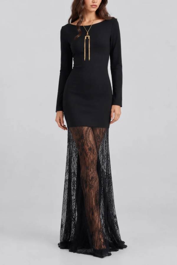 Black Long Sleeve Boat Neck Bodycon Maxi Dress with Sheer Lace Hem