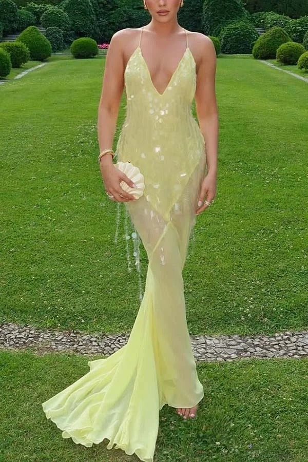 Perfect Night Sequin Embroidery Backless Drape Tulle Hem Slip Maxi Dress