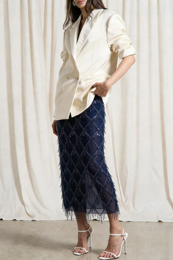 Fashionable Mesh See-through Sequined Tassel Midi Skirt