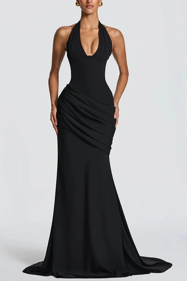 Nehemia Halter V-neck Back Lace-up Asymmetric Pleated Panel Drapes Maxi Dress