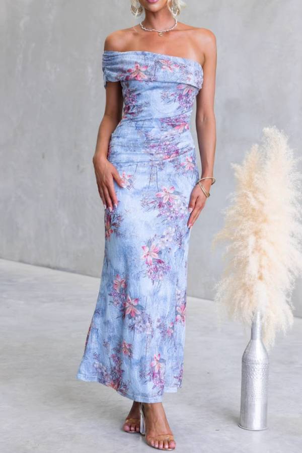 One-Shoulder Floral Print Ruched Bodycon Maxi Dress