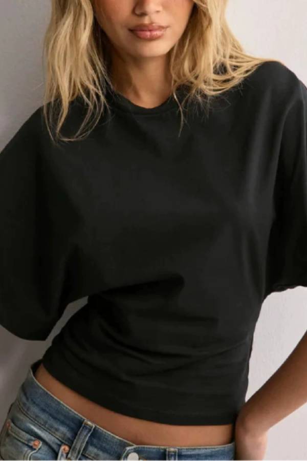 Batwing Sleeve Side Ruched Waist Crop Cotton T Shirt