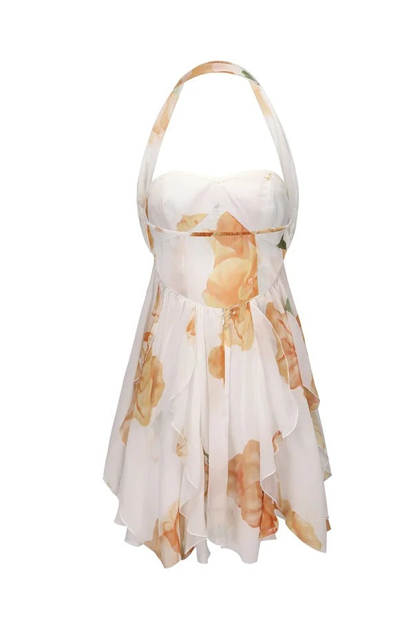 Arabella Floral Print Starfish Brooch Inverted Halter Neck Slit Ruffles Mini Dress