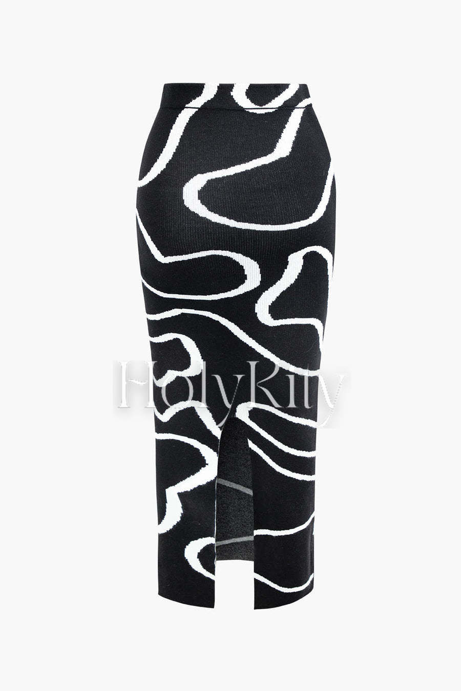Line Pattern V-neck Long Sleeve Knit Crop Top And Slit Skirt Set