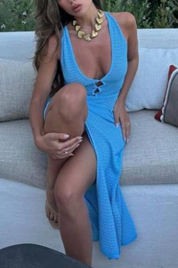 Halter V-Neck Cutout Slit Knit Maxi Dress