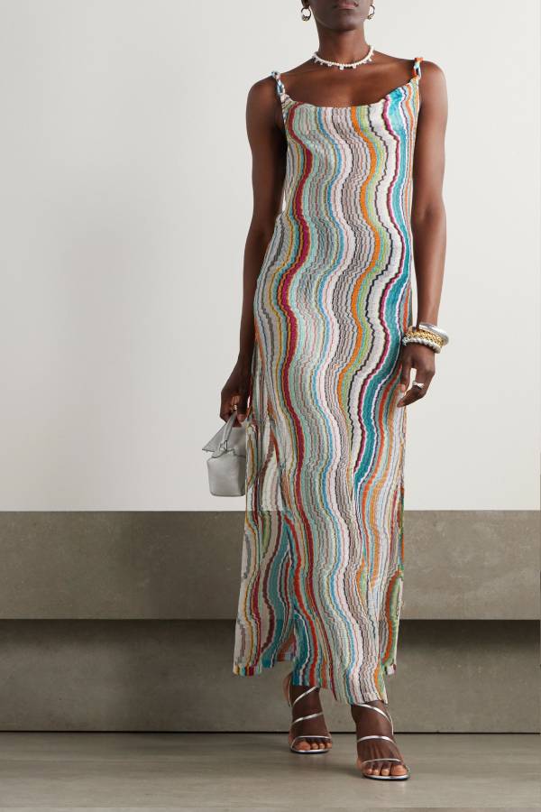 Clarissa Knit Colorful Wave Print Cowl Neck Open Back Slit Maxi Dress