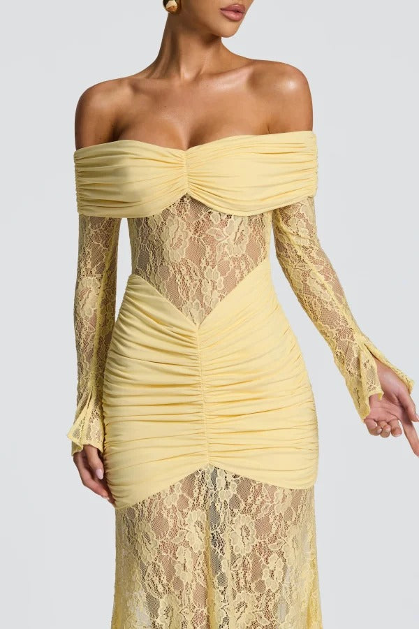 Solid Color Patchwork Lace Off-shoulder Long-sleeved Pleated Slim-fit Maxi Dress