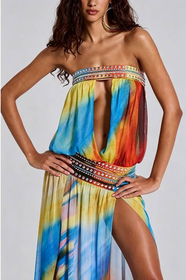 Kalila Mesh Multi-coloured Printed Stud and Sequin Embellishment Cutout Slit Maxi Dress