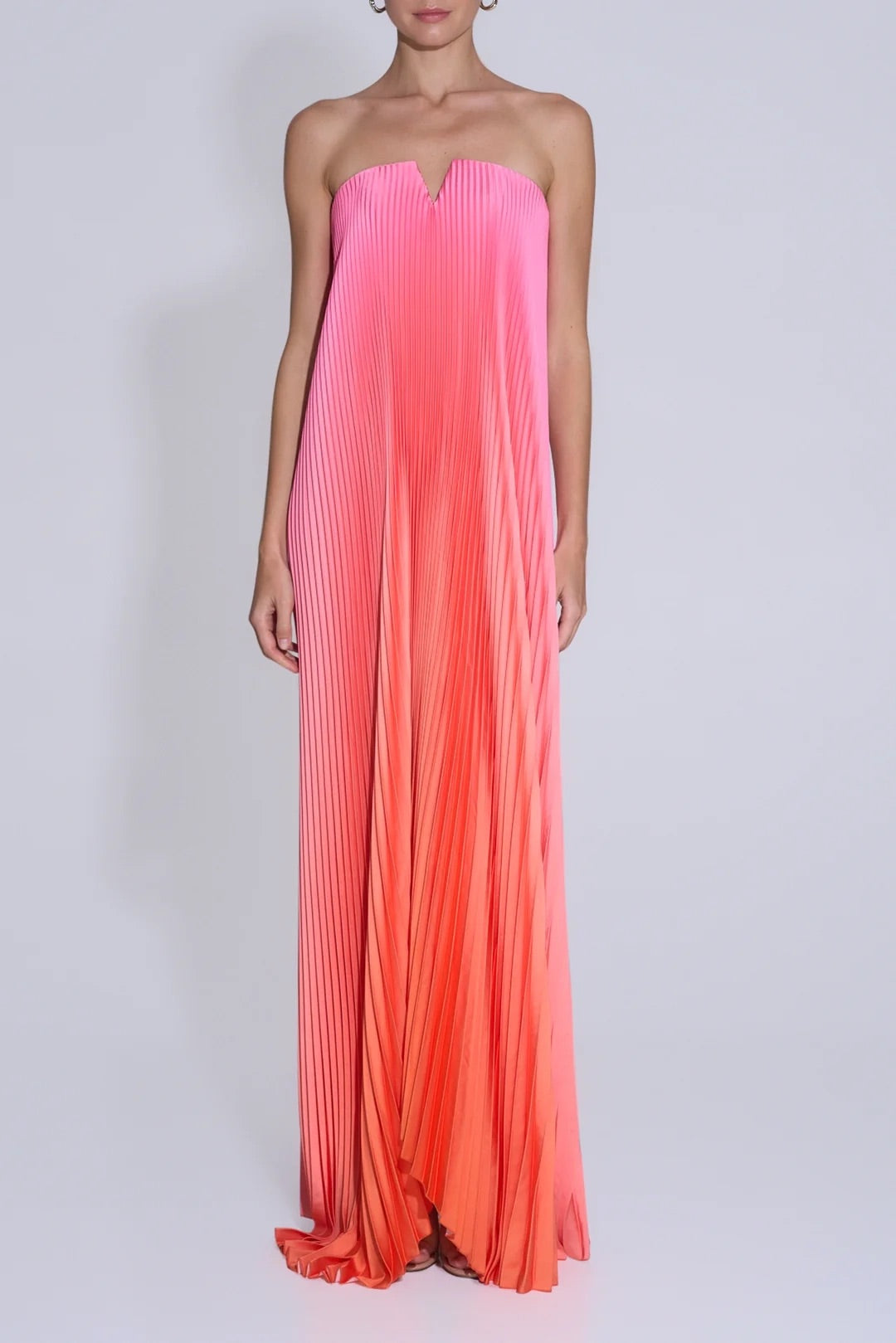 Strapless Notch Neck Ombre Pleated Maxi Dress