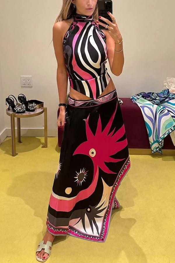 Satin Unique Print Halter Top and Irregular Midi Skirt Set