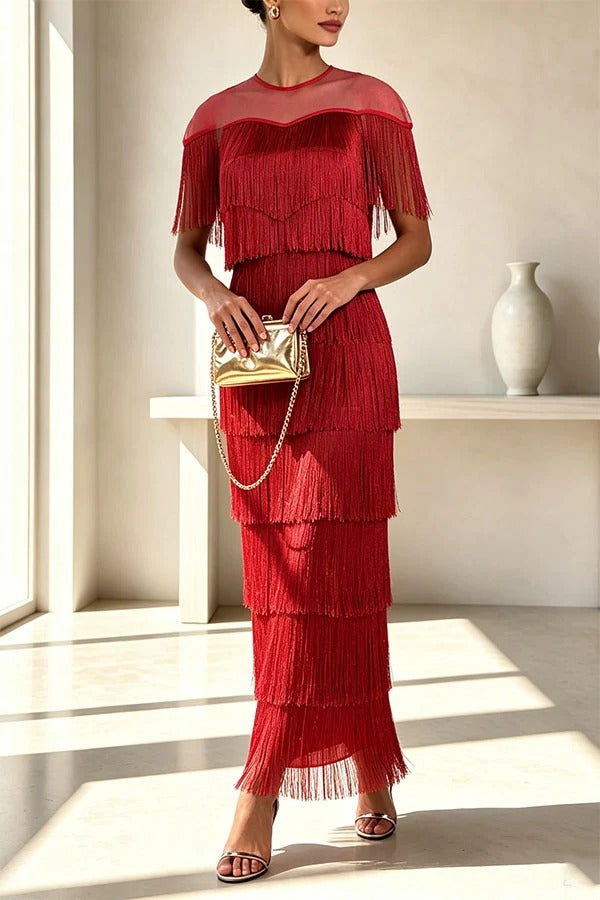 Elowyn Mesh Tiered Tassel Patchwork Round Neck Cape Sleeve Midi Dress