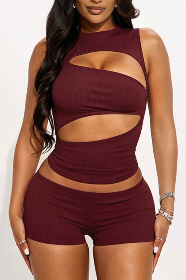 Asymmetric Cutout Ribbed Sleeveless Top and Shorts Set