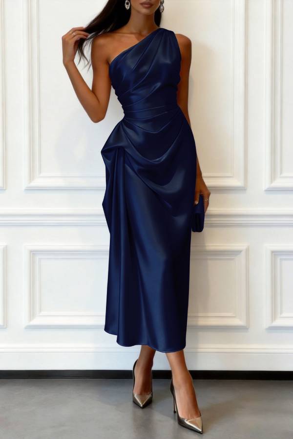 Multi-Color Satin One-Shoulder Ruched Side Draped Midi Formal Dress