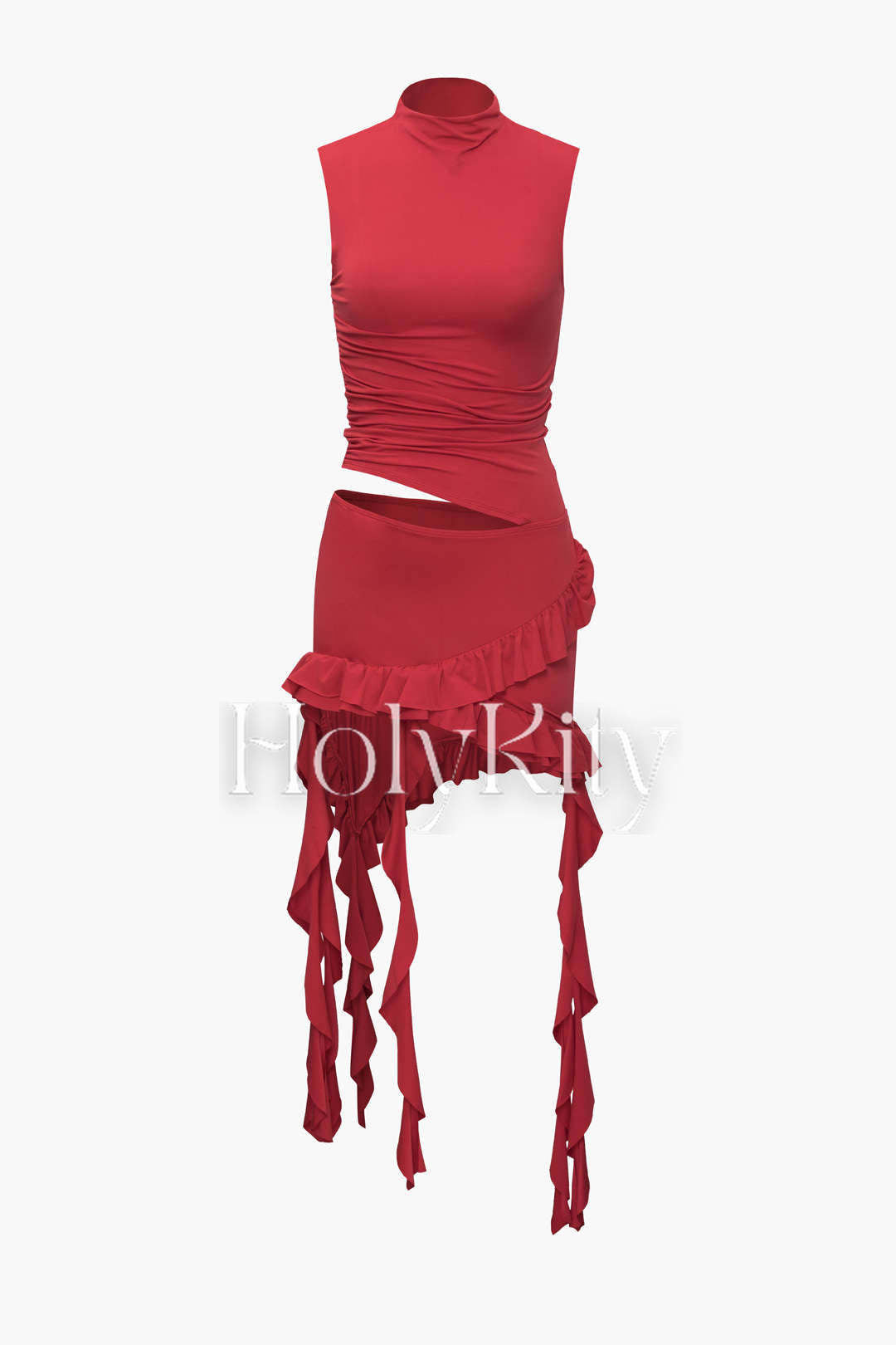 Mini-robe à volants et découpes à col montant