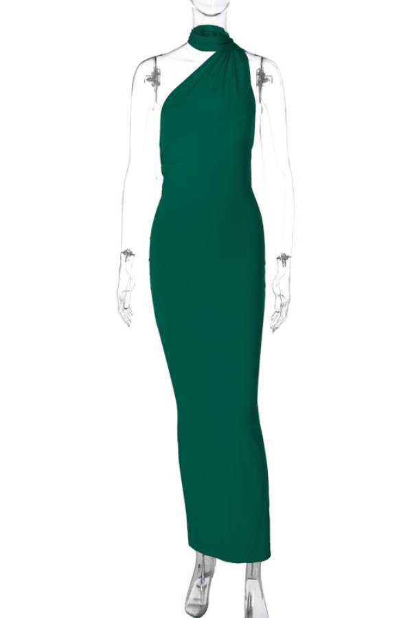 One-shoulder backless long dress with train