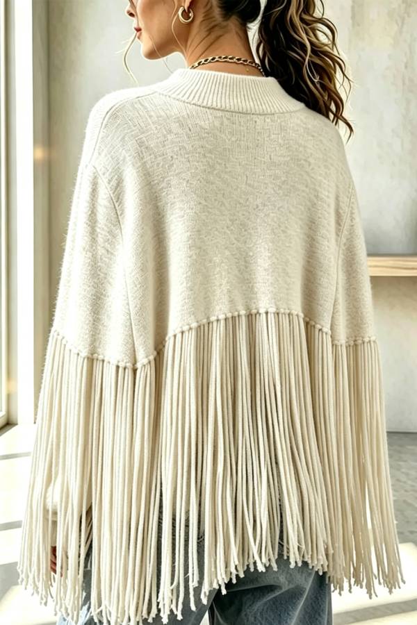 Adriana Knit Crew Neck Tassel Hem Loose Cape Sweater
