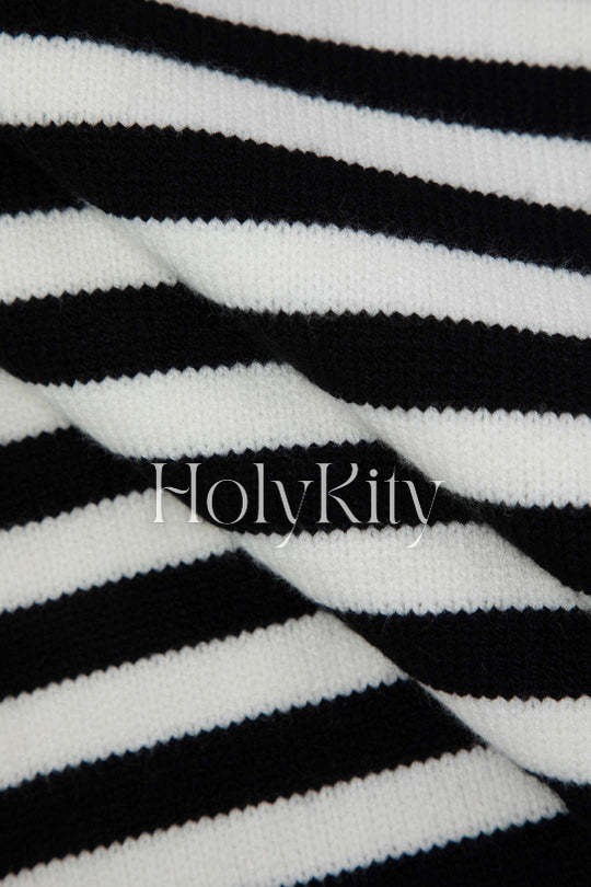 Stripe V-neck Cross Back Knit Midi Dress