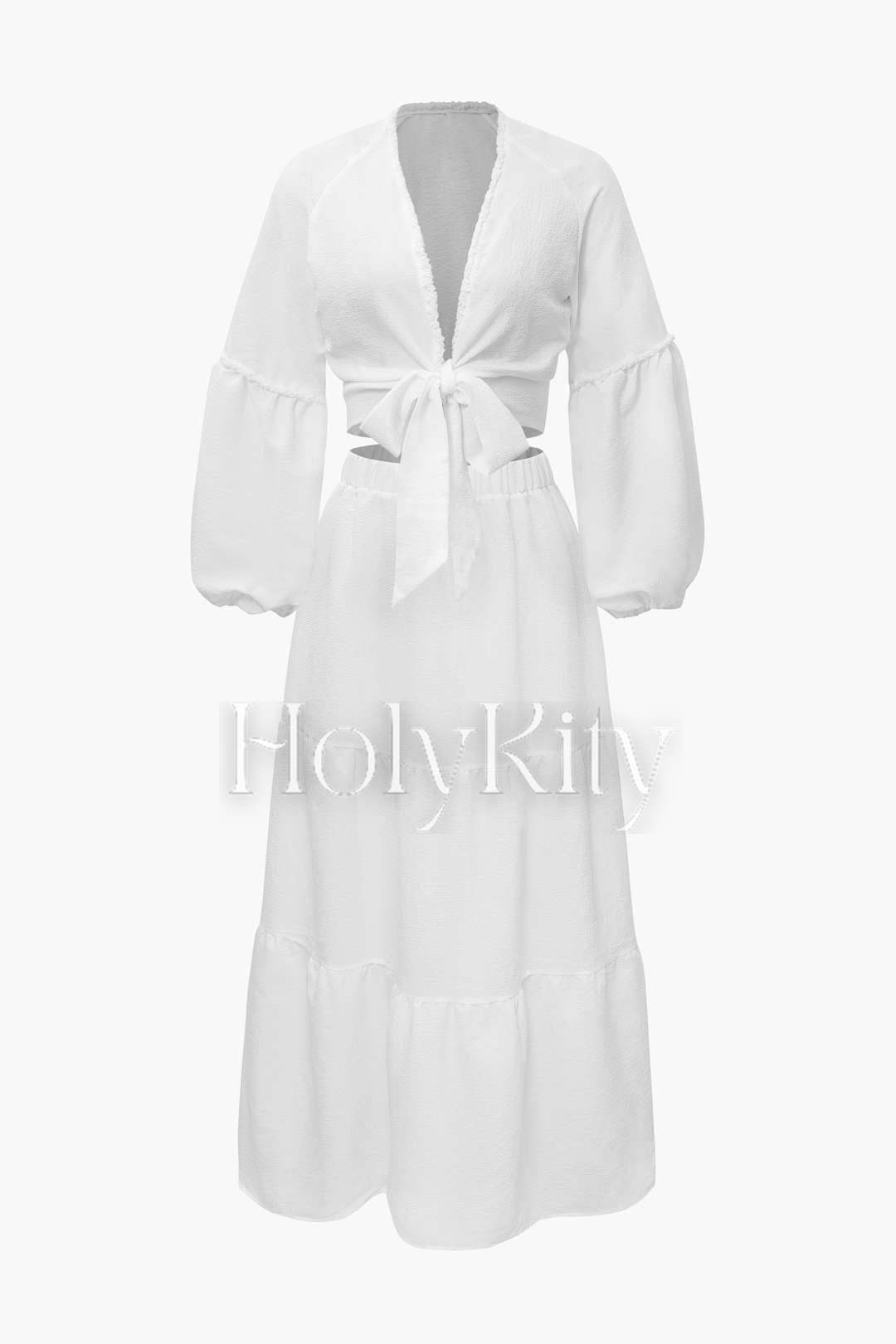 Set aus Bluse mit tiefem V-Ausschnitt, Bindeband vorn und gestuftem Midirock