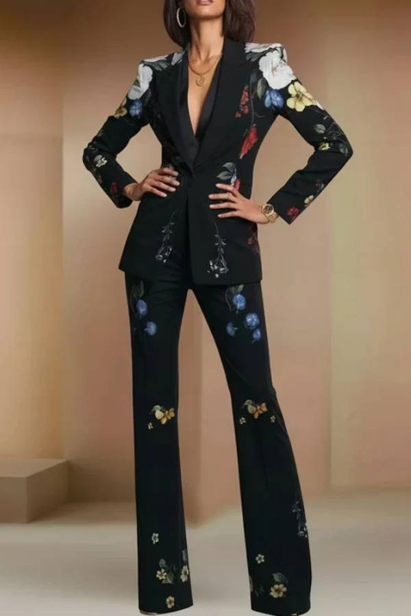 Black Floral Print Shawl Lapel Blazer & High‑Waist Flare‑Leg Pant Suit Set