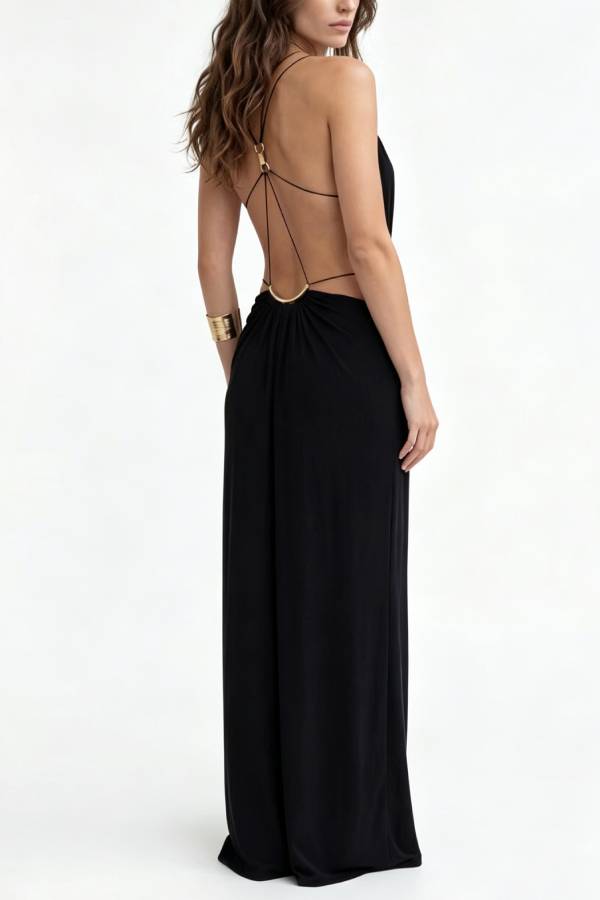Metal Ring Deep V Cutout Waist Draped Maxi Vacation Party Dress