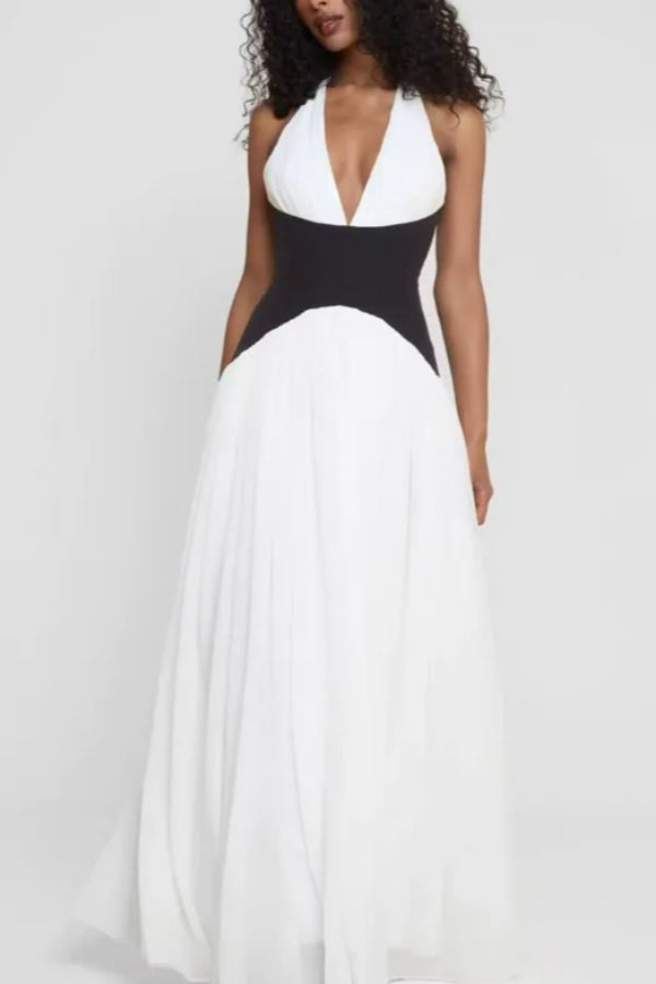 Fashionable Color Matching Sexy Halter Neck Waist Maxi Dress