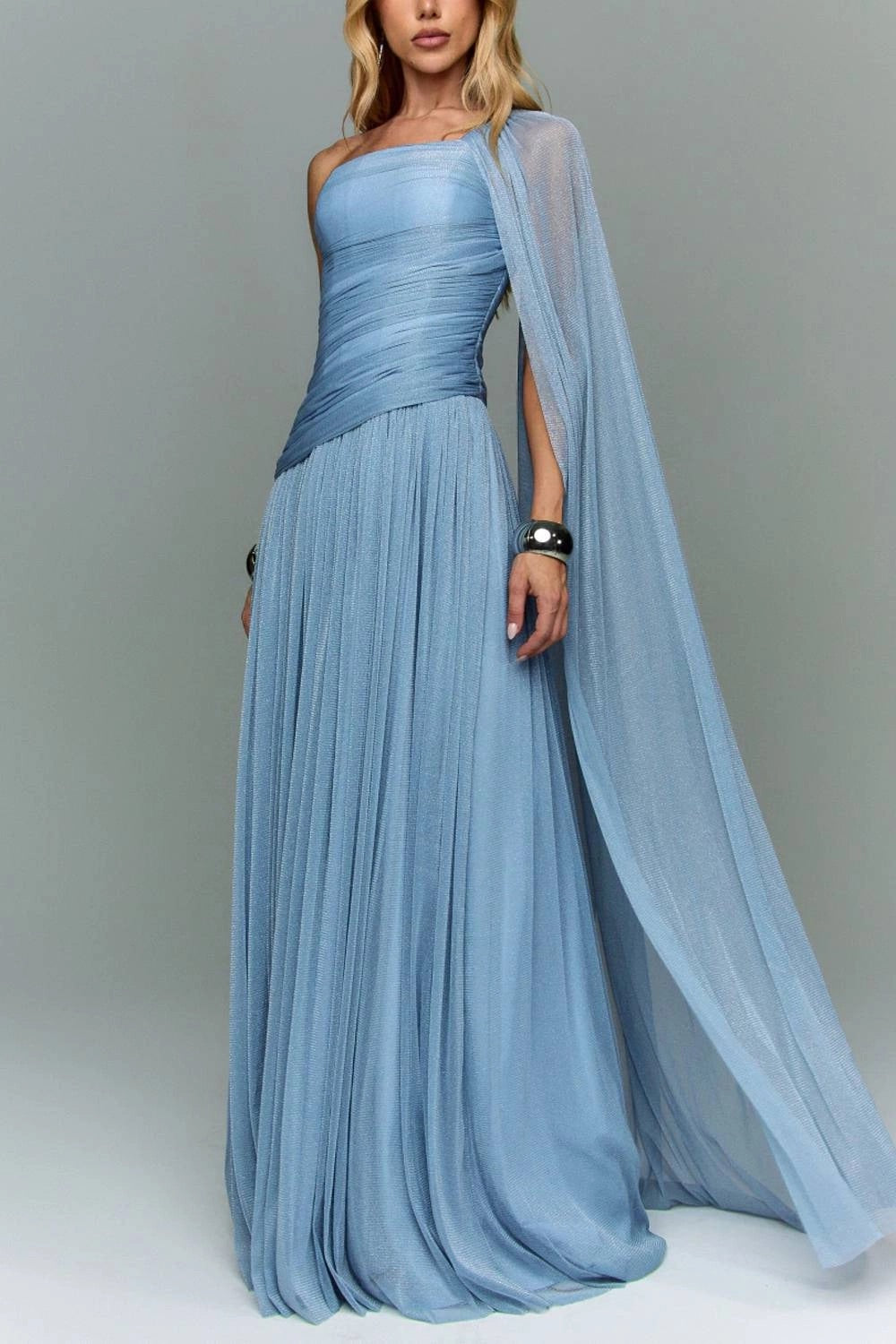 Strapless Ruched Cape Sleeve Maxi Evening Dress