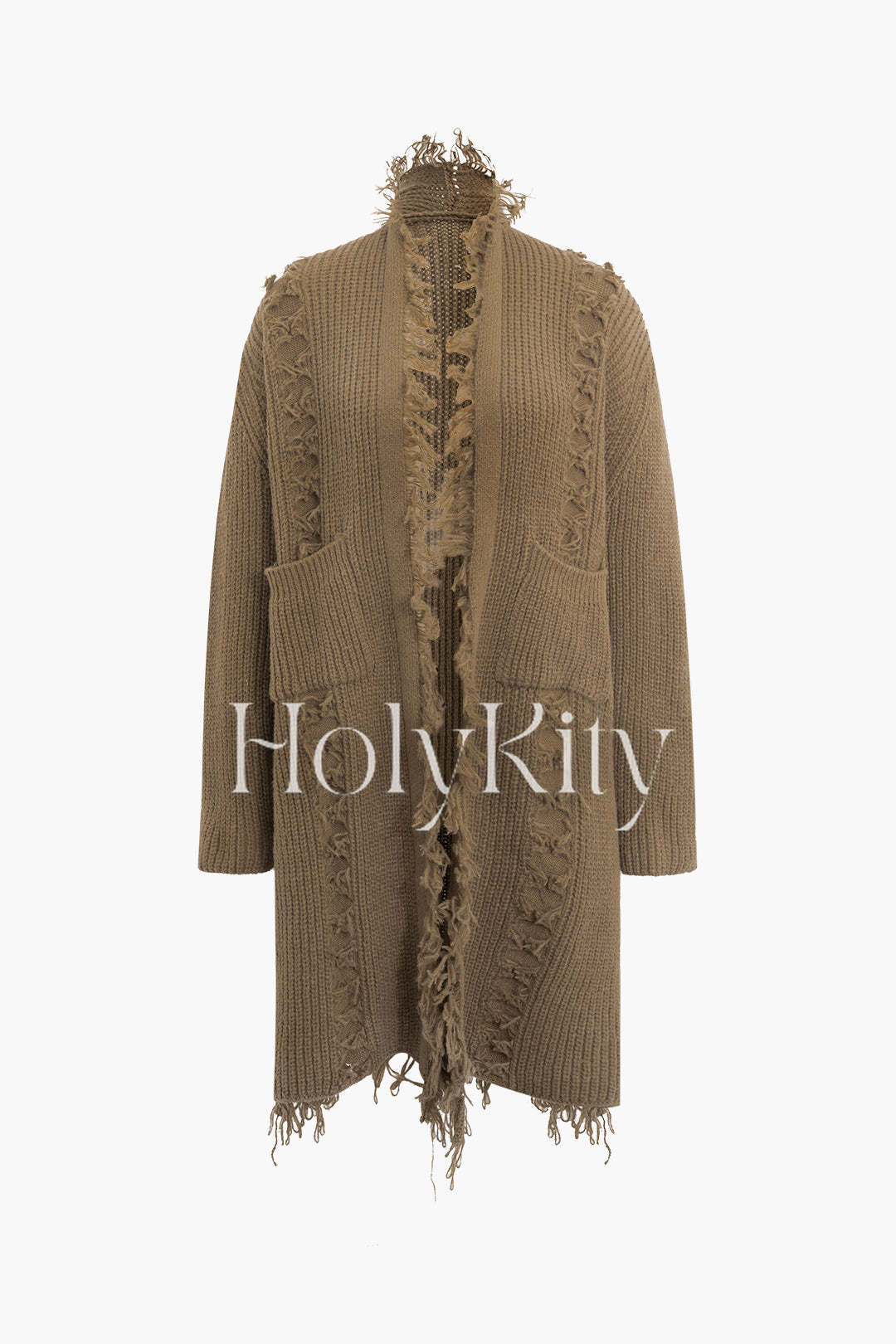 Fringe Detail Pocket Long Sleeve Knit Cardigan