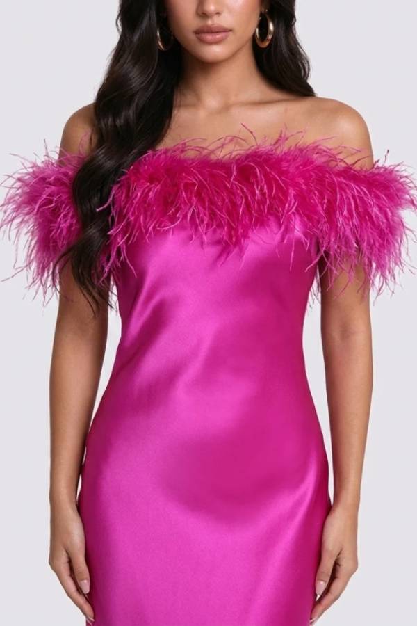 Feather Trim Off-the-Shoulder Satin Column Maxi Dress