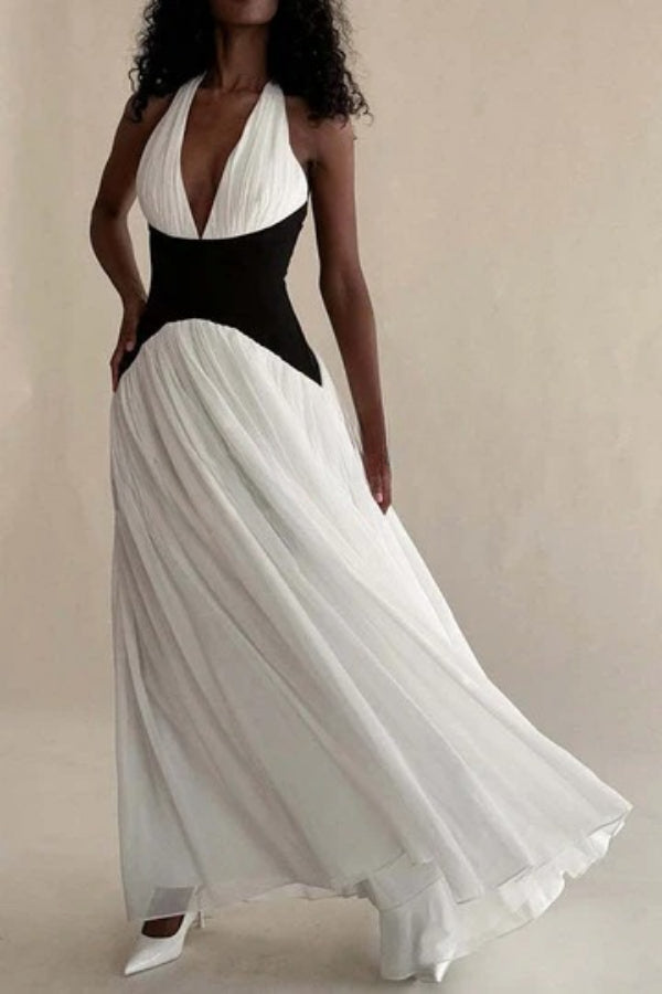 Fashionable Color Matching Sexy Halter Neck Waist Maxi Dress