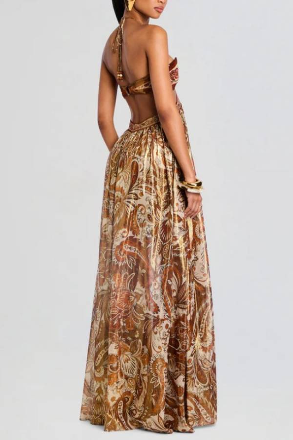 Paisley Print Halter Cutout Metallic Evening Maxi Dress