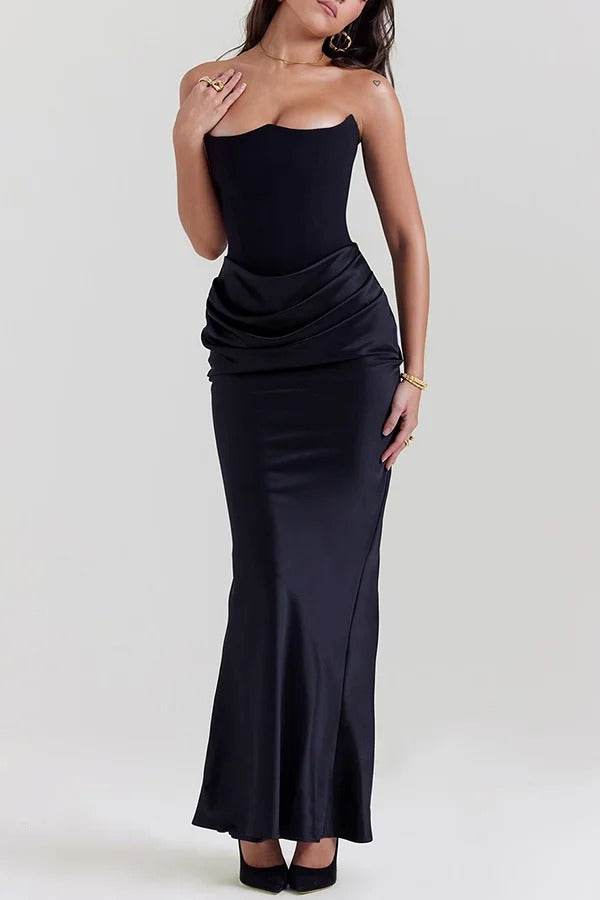 Attend The Gala Strapless Corset Satin Ruched Hip Drape Maxi Dress