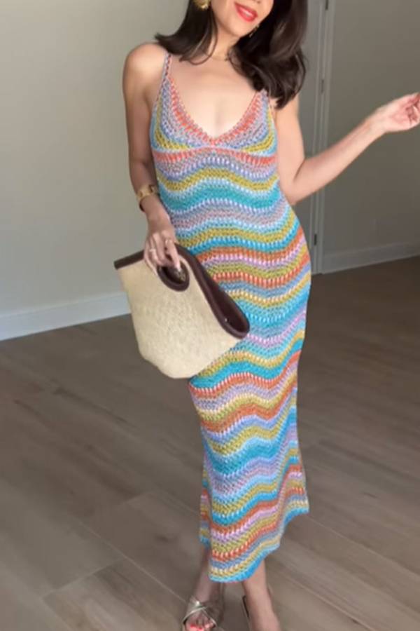 Rainbow Wavy Crochet Hollow Backless Sleeveless Maxi Dress