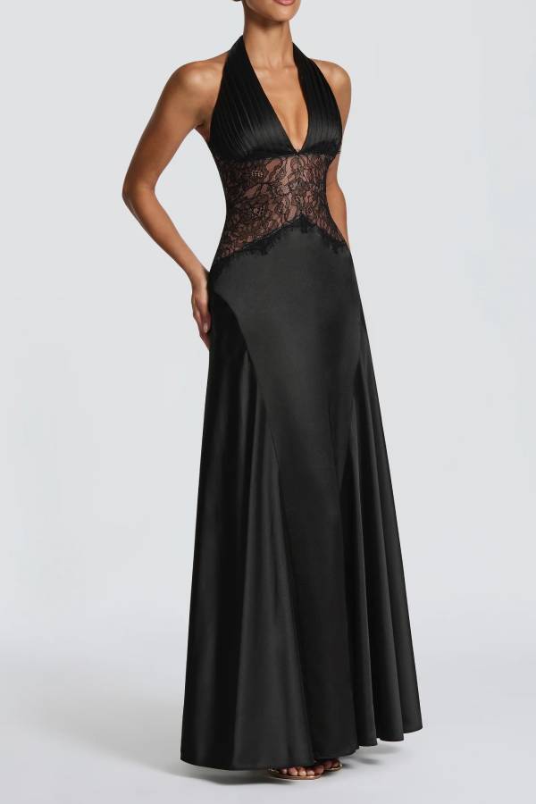 Virella Satin Lace Waist Pleated Halter Neck Straps Back Lace-up Maxi Dress
