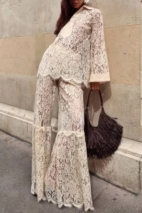 Vintage Floral Lace Long Sleeve Tunic Top and Flared Wide Leg Pants Set