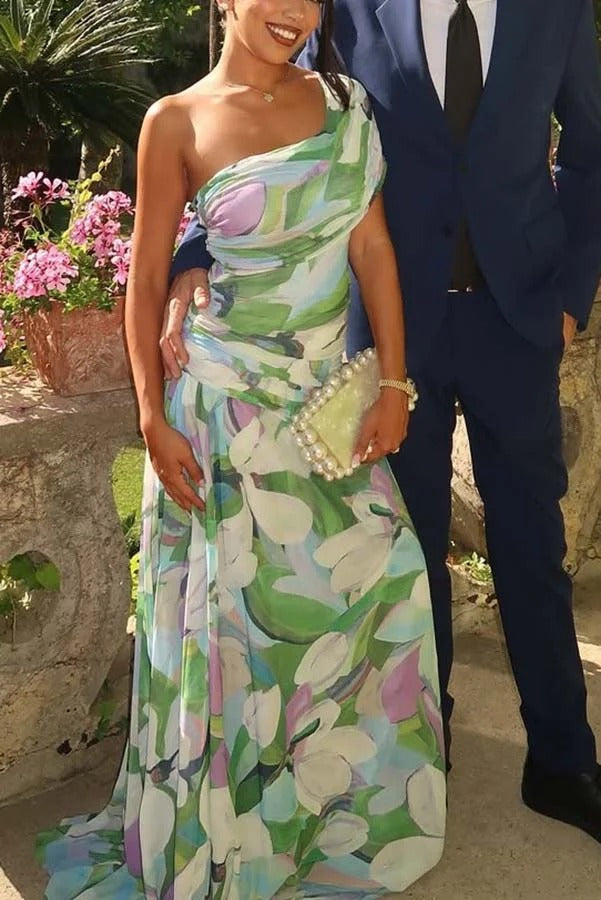 Sunshine and Wine Mesh Floral Print Off Shoulder Ruched Stretch Maxi Dress