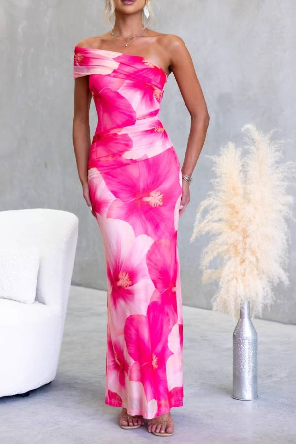 One-Shoulder Floral Print Ruched Mesh Bodycon Maxi Dress