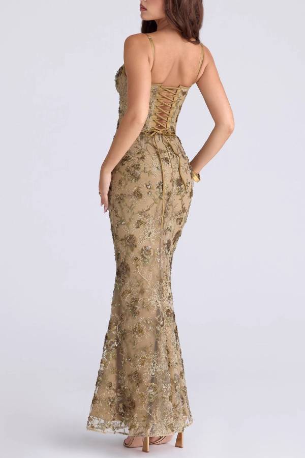 Heavy Beaded Embroidered Spaghetti Strap Mermaid Evening Gown