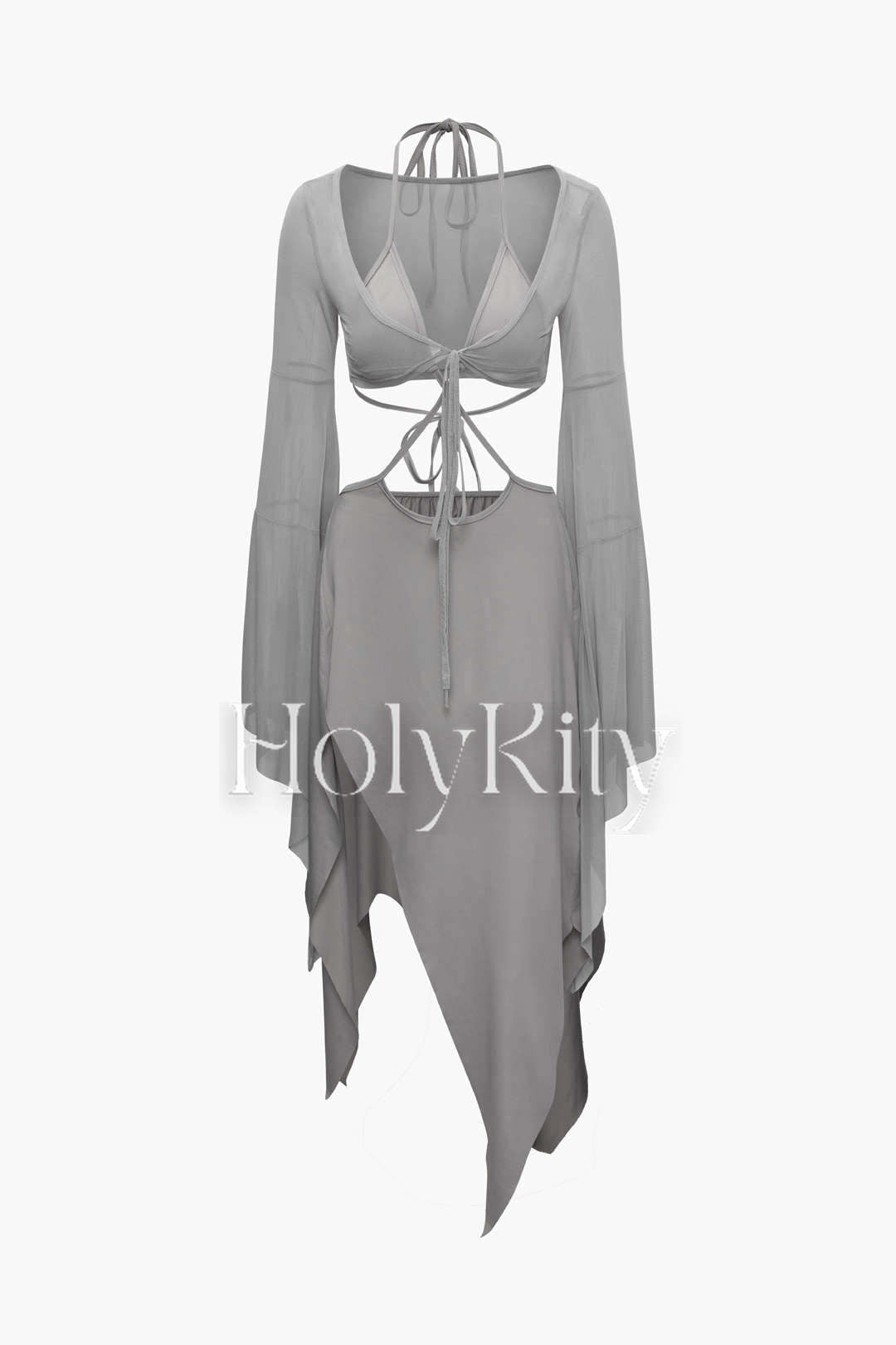 Set aus asymmetrischem Neckholderkleid aus Netzstoff und Bolero mit Krawatte