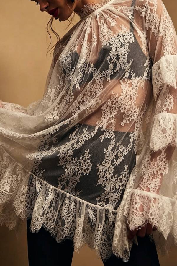 Sexy See-through Lace Loose Long-sleeved Mini Dress