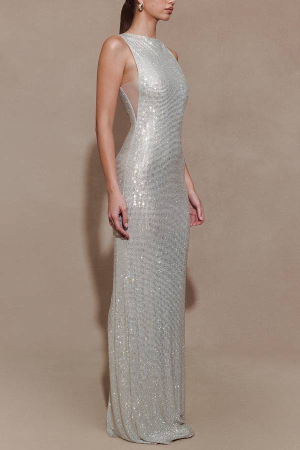 Rhinestone Mesh Boat Neck Sleeveless Fitted Evening Gown
