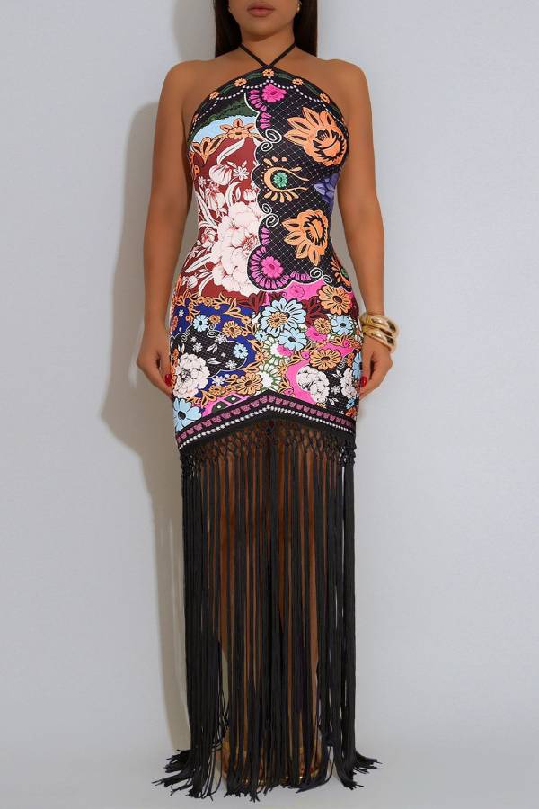 Print Halter Fringe Bodycon Maxi Dress