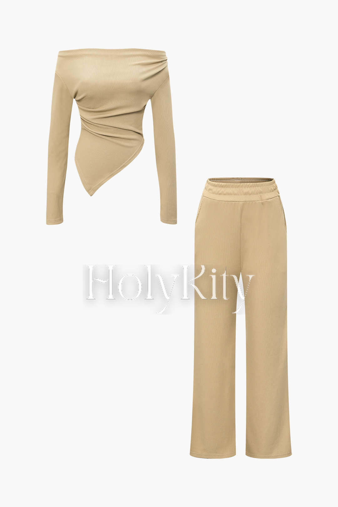 Ensemble haut asymétrique froncé à épaules dénudées et pantalon droit