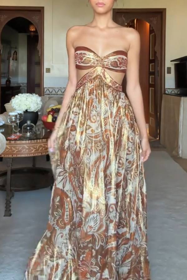 Paisley Print Halter Cutout Metallic Evening Maxi Dress