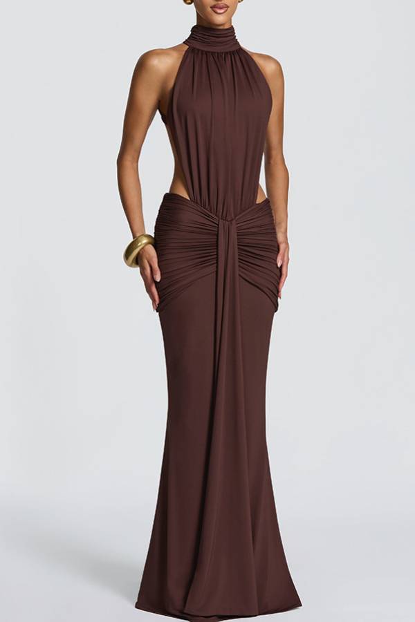 High Neck Halter Cutout Ruched Mermaid Evening Gown