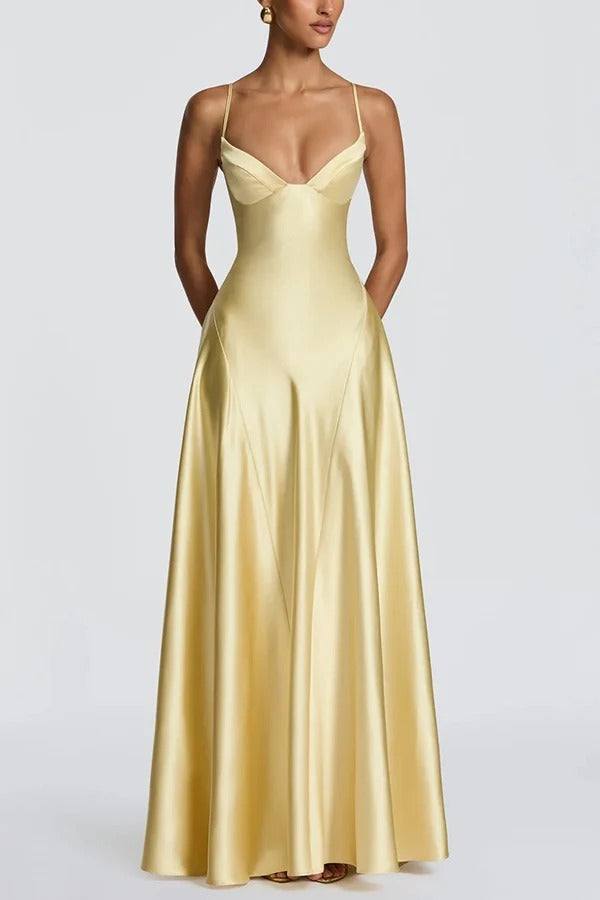Asterin Satin V-neck Back Lace-up Slip Flare Maxi Dress