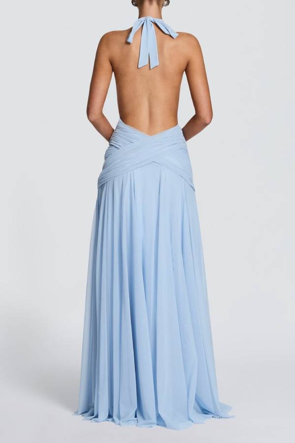 Halter Deep V Ruched Chiffon Evening Gown