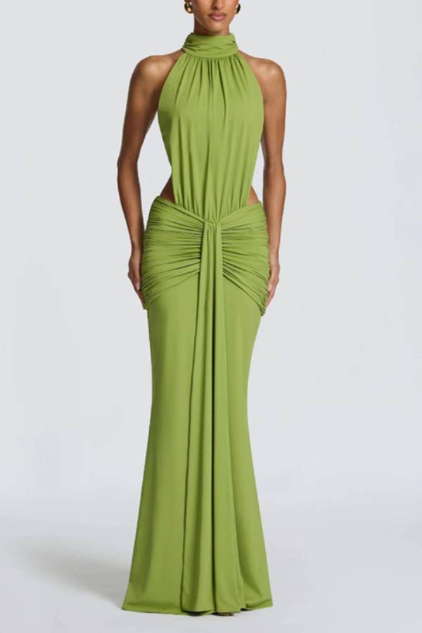 High Neck Halter Cutout Ruched Mermaid Evening Gown