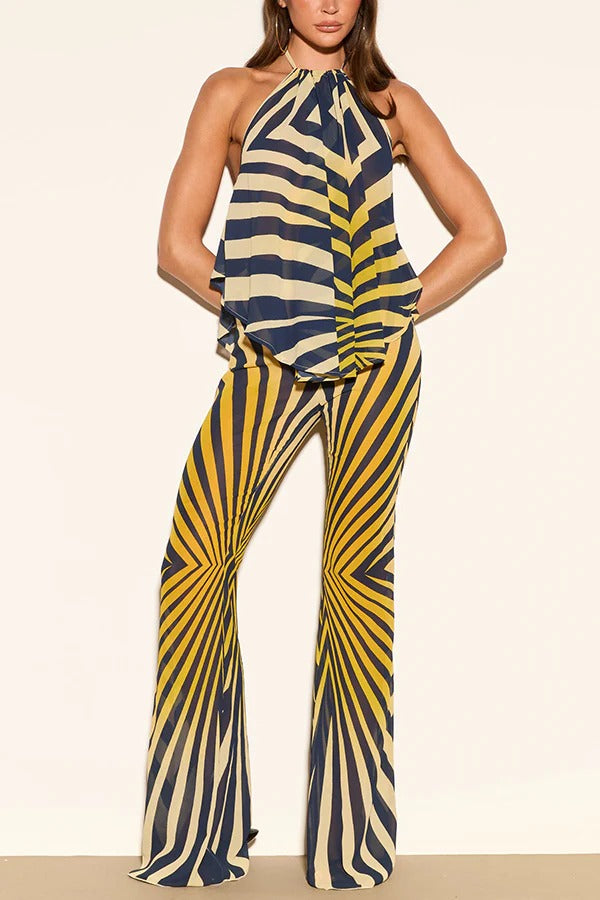Yara Chiffon Contrast Color Zebra Print Halter A-line Top and High Rise Elastic Waist Flare Pants Set