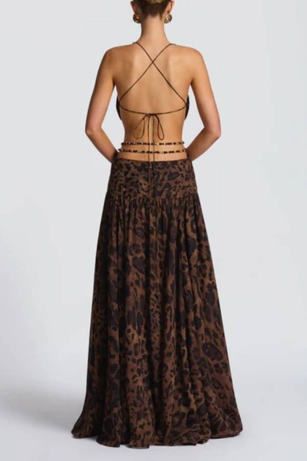 Kinara Leopard Print Deep V-neck Metal Flower Hollow Beads Detail Slit Maxi Dress